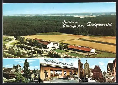 AK Autobahn-Rasthaus-Motel Steigerwald, Luftaufnahme, Ansichten Nürnberg und Rothenburg o.d. Tauber