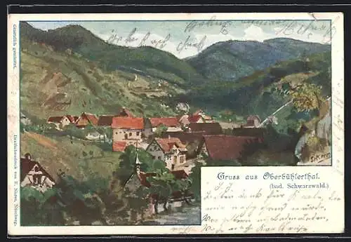 Lithographie Oberbühlerthal /bad. Schwarzwald, Ortsansicht mit Umland