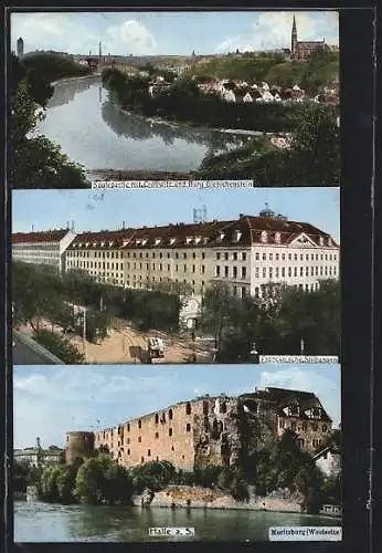 AK Halle / Saale, Saalepartie mit Cröllwitz und Burg Giebichenstein, Franke`sche Stiftungen, Moritzburg, Westseite
