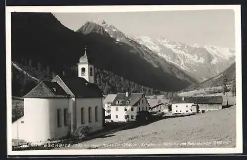 AK Gschnitz, Ortspartie mit Kirche gegen Hohes Tor, Schafkamp und Schneepinggl