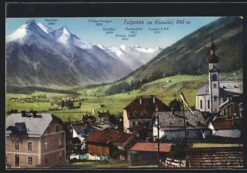 AK Fulpmes, Ortsansicht aus der Vogelschau mit Blick auf den habicht und den Wilden Freiger