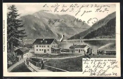 Künstler-AK Achensee, Gasthof zur Seespitze mit Eisenbahn