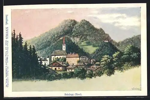 Künstler-AK Philipp + Kramer Nr. XXVIII / 5: Brixlegg, Panorama mit Kirche