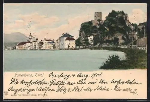 AK Rattenberg /Tirol, Uferpartie mit Ruine