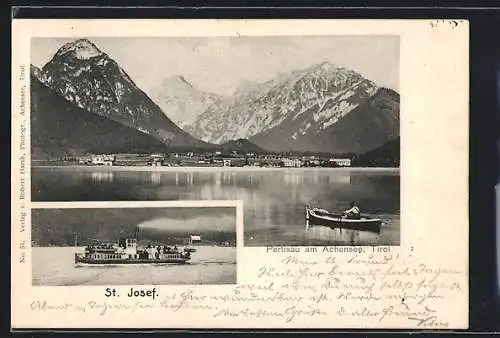AK Pertisau am Achensee, Binnenschiff St. Josef, Panorama von Ort und Bergen