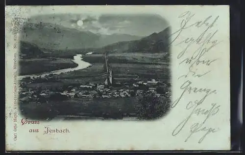 Mondschein-AK Jenbach, Teilansicht mit Kirche