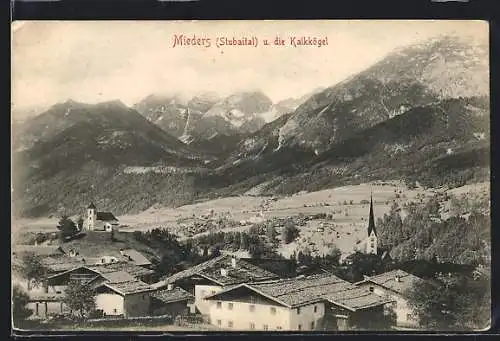 AK Mieders, Ortsansicht im Stubaital mit Kalkkögel