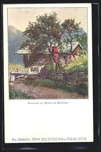 Künstler-AK Malta, Maltein im Maltathal, Wegkreuz am Bauernhof