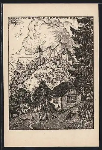 Künstler-AK Friesach, Blick auf die Ruine Petersberg