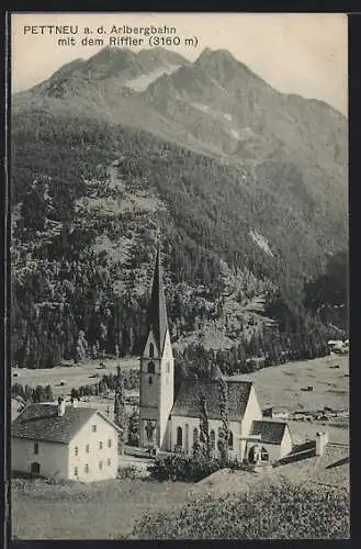 AK Pettneu a. d. Arlbergbahn, mit Ausblick auf die Kirche und den Riffler