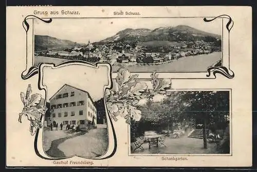 AK Schwaz, Gasthof Freundsberg, Schankgarten, Gesamtansicht