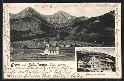 AK Schattwald /Tirol, Gasthof zur Traube, die Kirche vor der Ortschaft