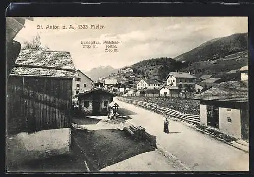 AK St. Anton a. A, Ortsansicht mit Geisspitze, Wildebenespitze