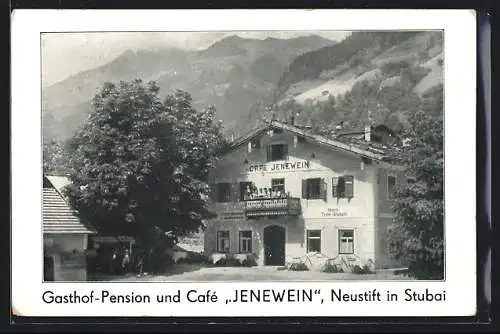 AK Neustift in Stubai, Gasthof-Pension und Café Jenewein gegen die Berge