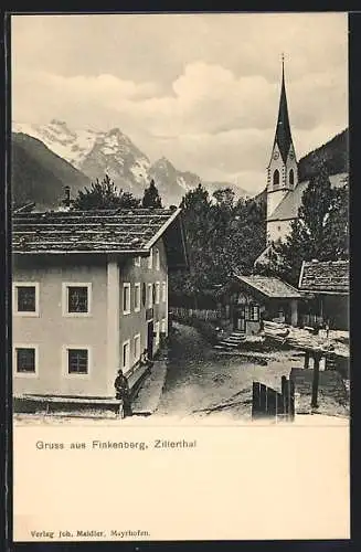 AK Finkenberg / Zillertal, Ortspartie an der Kirche