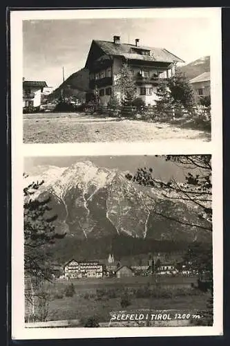 AK Seefeld i. Tirol, Die Pension Haus Helios, Ortsansicht gegen die Berge