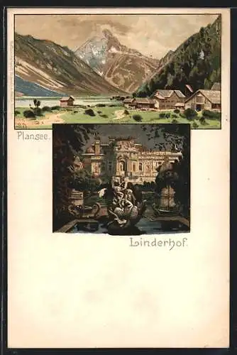 Künstler-AK Otto Strützel: Ettal, der Plansee mit Bergpanorama, der Lindenhof