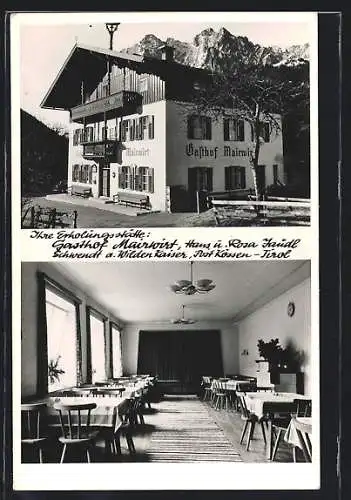 AK Kössen /Tirol, Schwendt am Wilden Kaiser, Der Gasthof Mairwirt, Inh. Hans und Rosa Jaudl, mit Speisezimmer