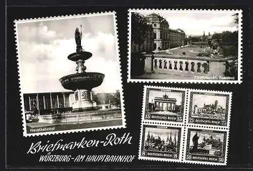AK Würzburg, Briefmarkengeschäft Kurt Roth, Kaiserstrasse 28, Hauptbahnhof, Fürstbischöfliche Residenz