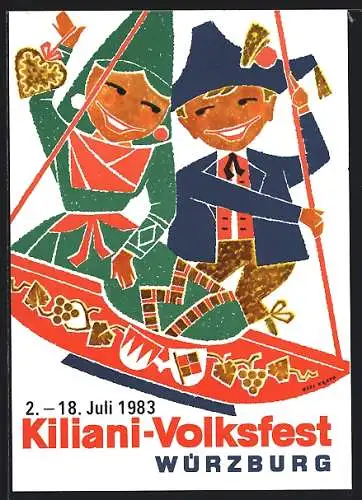 Künstler-AK Würzburg, Zwei Kinder in Tracht auf einer Schaukel, Das Kiliani-Volksfest 1983