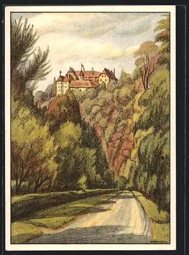 Künstler-AK Kitzingen a. M., Blick zum Schloss Schwanberg