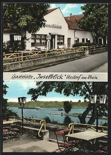 AK Uedorf am Rhein, Die Gaststätte Inselblick mit Terrasse, Oberdorfstr. 1, Inh. Kurt Schlösser
