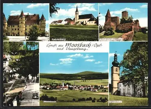 AK Moosbach /Opf., Ortsansicht mit Fahrenberg und Tschech. Grenze