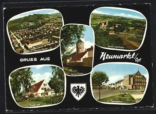 AK Neumarkt /Opf., Gasthaus Tiroler Hof, Ortsansicht aus der Vogelschau, Marktplatz