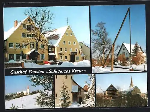 AK Gräfensteinberg, Gasthof-Pension Schwarzes Kreuz, Kirche und Ortspartie im Winter