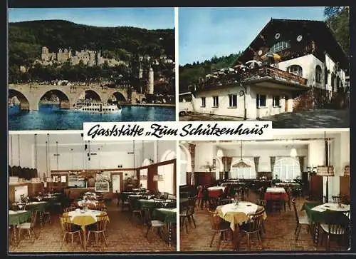 AK Heidelberg, Blick zum Schloss und drei Ansichten von Gaststätte Zum Schützenhaus