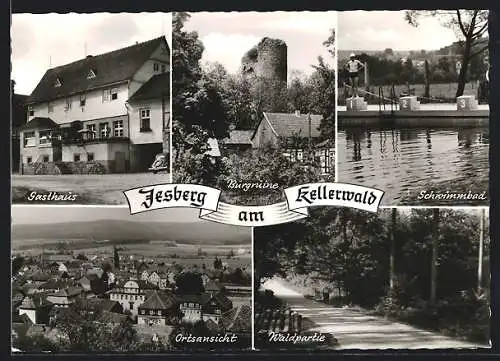 AK Jesberg am Kellerwald, Gasthaus, Burgruine, Schwimmbad