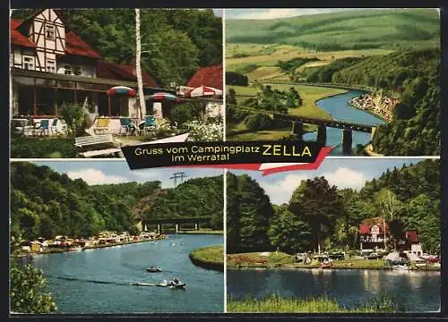AK Zella / Hedemünden, Campingplatz mit Gasthaus, Motorboote auf dem Fluss