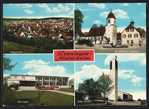 AK Renningen, Teilansicht, evgl. Kirche und Rathaus, TSV-Halle