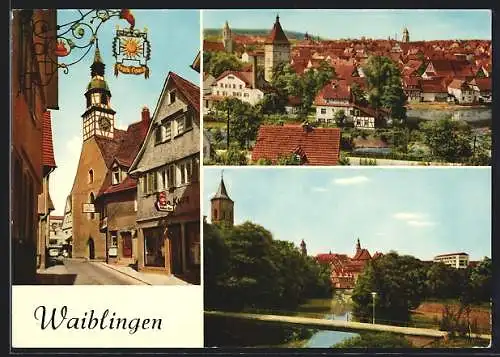 AK Waiblingen, Gasthaus Eugen Spaich, Partie an der Brücke, Ortsansicht