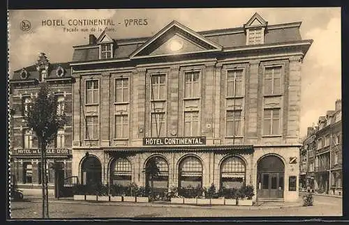 AK Ypres, Hotel Continental, Facade vue de la Gare