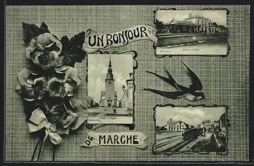 AK Marche-en-Famenne, La Gare, l`Eglise, chemin de fer