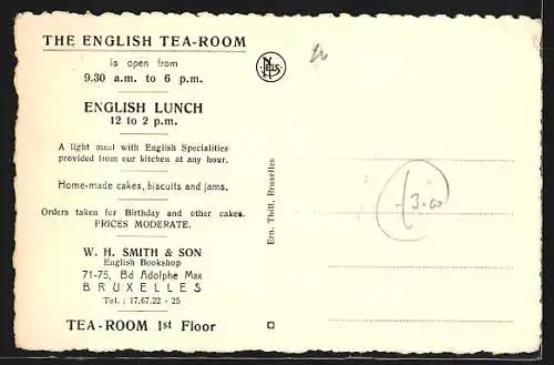 AK Brüssel / Bruxelles, W. H. Smith & Son`s English Tea-Room, 71-75, Bd. Adolphe Max, Interior