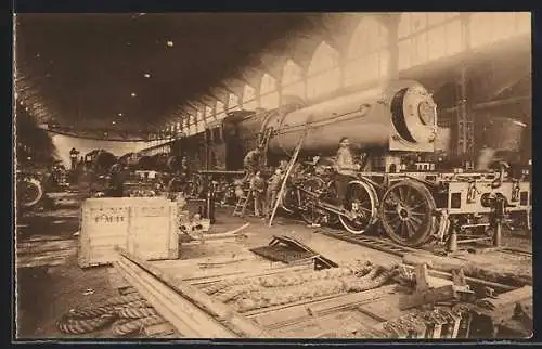 AK Couillet, Usines Métallurgiques du Hainaut, Montage d`une locomotive