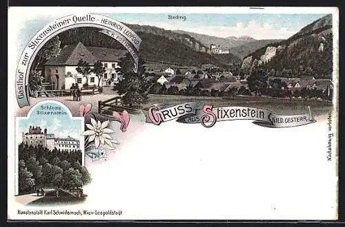 Lithographie Ternitz /Nied. Oesterr., Gasthof zur Stixensteiner Quelle, Schloss Stixenstein, Sieding