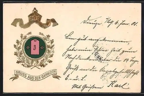 Präge-AK Garnison Regiment Nr. 3, Eichenblattkranz und Krone