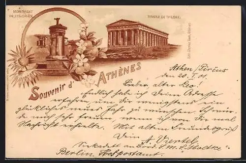 Lithographie Athènes, Temple de Thesee, Monument de Lysicrate