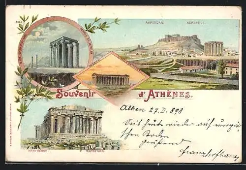Lithographie Athènes, Temple de Jupiter, Acropole, Parthénon