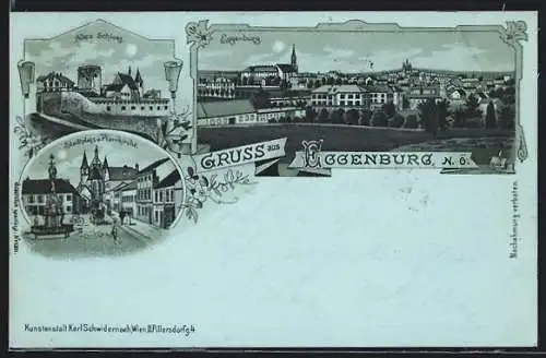 Mondschein-Lithographie Eggenburg /N.Ö., Stadtplatz u. Pfarrkirche, Altes Schloss, Ortsansicht
