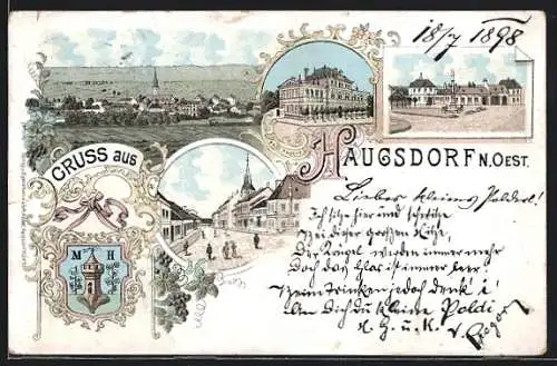Lithographie Haugsdorf /N.Oest., Strassenpartie, Platz mit Denkmal, Wappen