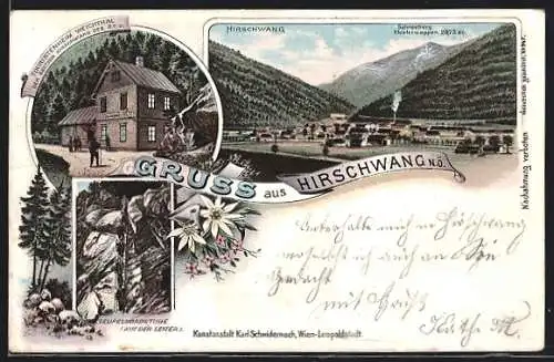 Lithographie Reichenau an der Rax, Hirschwang, Schneeberg, Teufelsbadstube, Touristenheim Weichthal