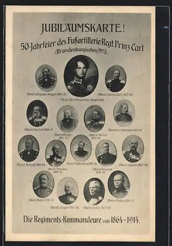 AK Mainz, 50-Jahrfeier des Fussartillerie-Regt. Prinz Carl Nr. 3, Regiments-Kommandeure von 1864-1914