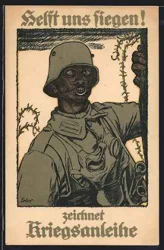 AK Afrikaner als Soldat mit Gasmaske und Stahlhelm, Kolonialhumor, Kriegsanleihe
