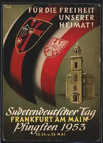 AK Frankfurt am Main, Sudetendeutscher Tag zu Pfingsten 1953, Flaggen und Kirche