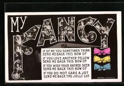 AK Namenstag Fancy, Buchstaben gefüllt mit Abbildungen von Frauen, bunte Schleifen