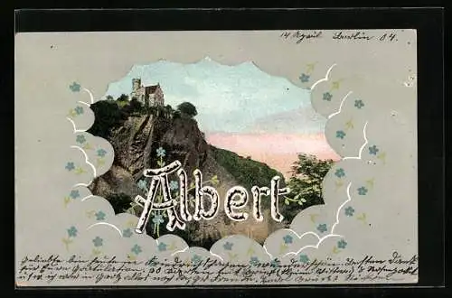 AK Namenstag Albert, Schriftzug vor einer Burg in der Dämmerung
